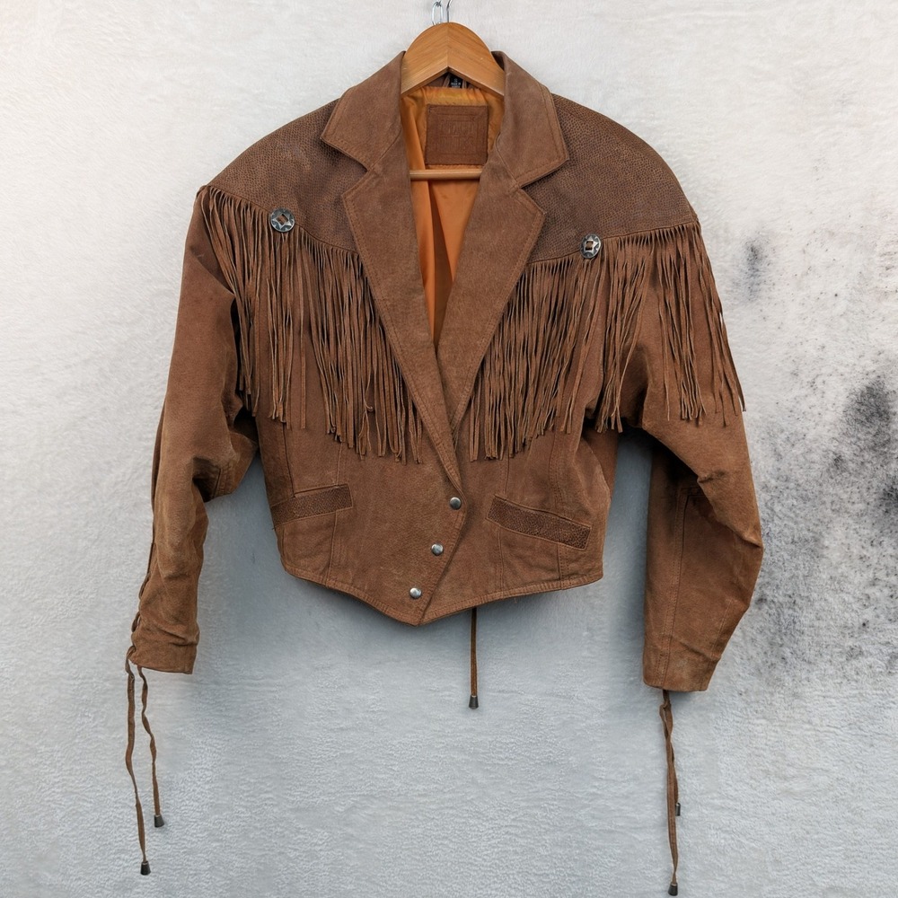 VTG Mixed Blues Jacket Women's Small Brown Suede Fringe Western Concho Boho 90s
